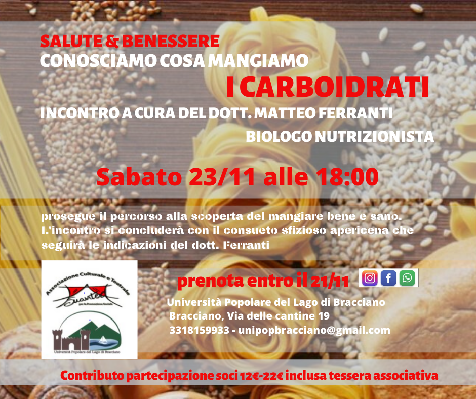 IL 23/11APPUNTAMENTO CON IL NUTRIZIONISTA: “I CARBOIDRATI, L’INTOLLERANZA AL LATTOSIO E LE FIBRE ALIMENTARI”
